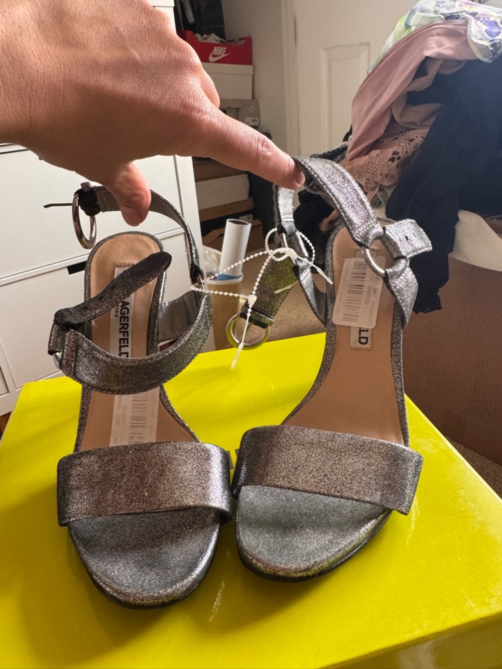 Karl Lagerfeld Silver Glitter Ankle Strap Block Heels - Picture 2 of 5